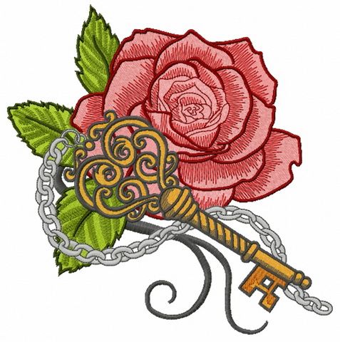 Rose and vintage key machine embroidery design
