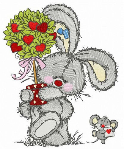 Bunny and mousekin Valentine's Day machine embroidery design