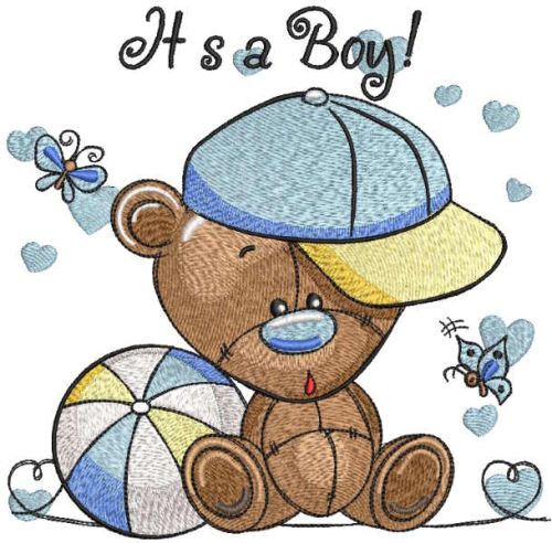 Toy bear cub in cap sits with ball embroidery design