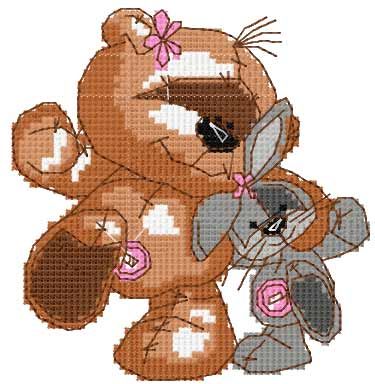 Teddy dance with bunny cross stitch free embroidery design
