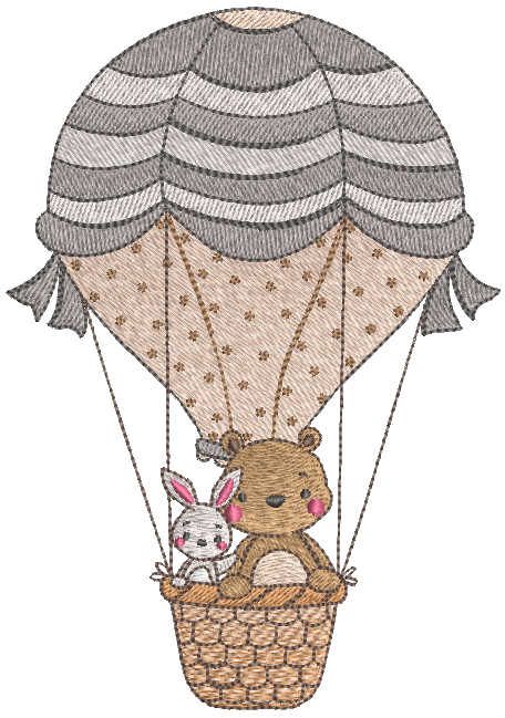 Toys are flying in a balloon embroidery design