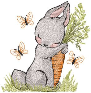 Bunny hugs a big carrot embroidery design