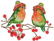 Two singing winter birds in knitted hats embroidery design
