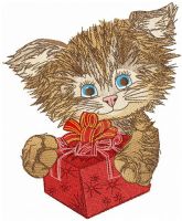 Shaggy cat with present embroidery design