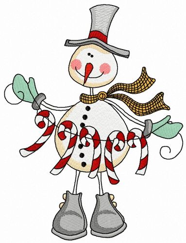 Snowman with candy cane garland 2 machine embroidery design