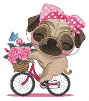 Pug-dog riding bike embroidery design