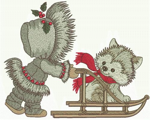 Sledging with puppy machine embroidery design