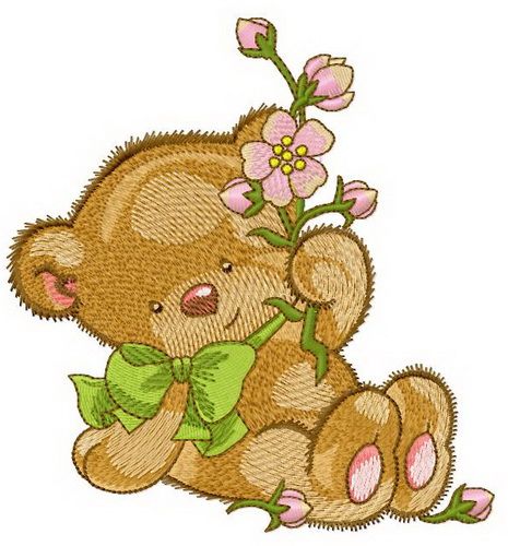 Bear with pink flower machine embroidery design
