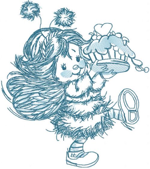 Cute blue fairy with cake embroidery design