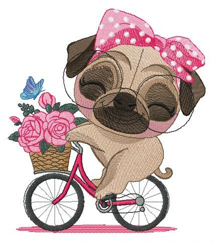 Pug-dog riding bike machine embroidery design