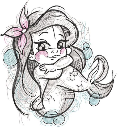 Cute mermaid sketch style embroidery design