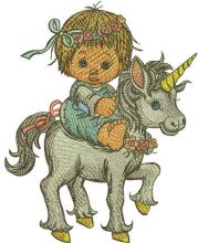 Girl riding unicorn embroidery design