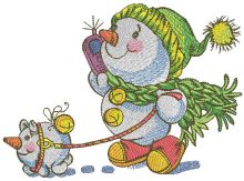 Snowman on walk with friend embroidery design