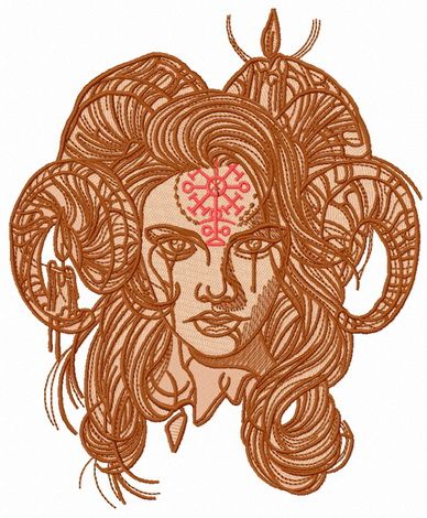 Horny demon with pictograph on forehead machine embroidery design