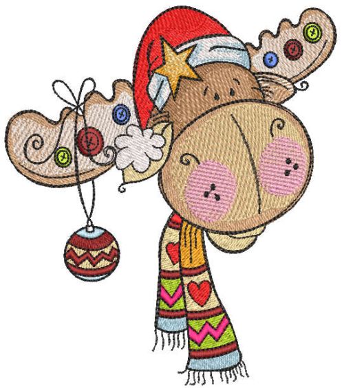 Decorated Christmas moose in santa hat embroidery design