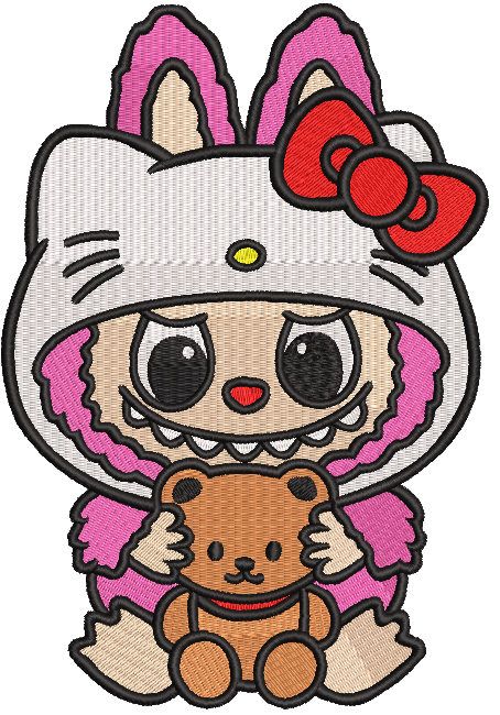 Labubu with teddy bear embroidery design