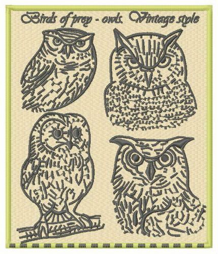 Birds of prey - owls. Vintage style machine embroidery design
