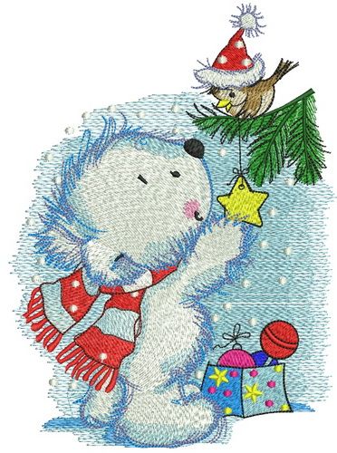 Polar bear decorates New Year tree machine embroidery design
