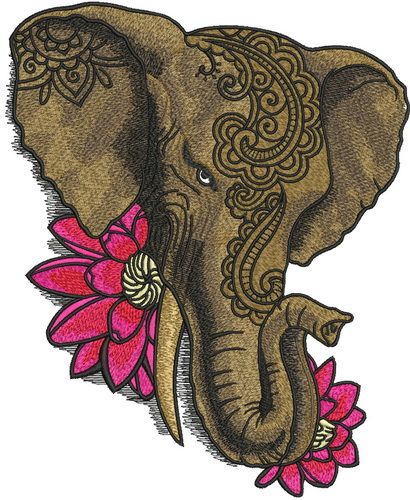 Indian elephant with lotus machine embroidery design