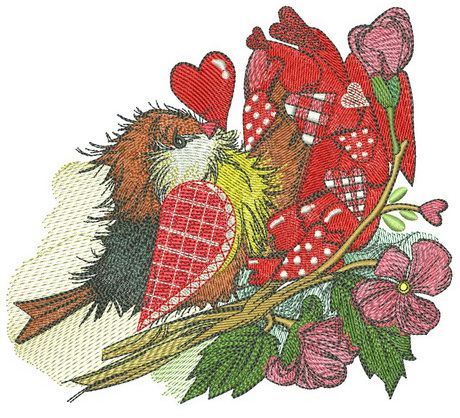 European robin with Valentine machine embroidery design