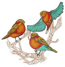 Three bullfinches on tree embroidery design