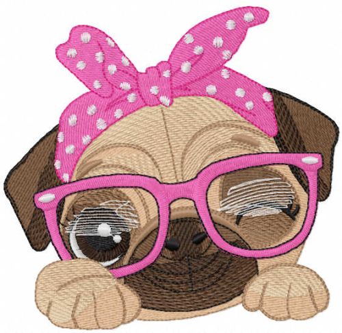 Pug dog in pink glasses embroidery design