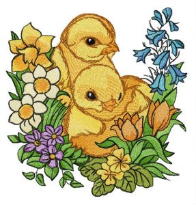 Desenho de bordado de galinhas e flores de jardim