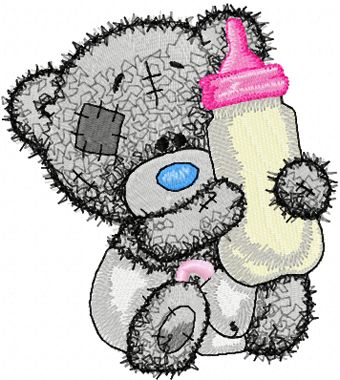 Teddy baby with bottle milk machine embroidery design
