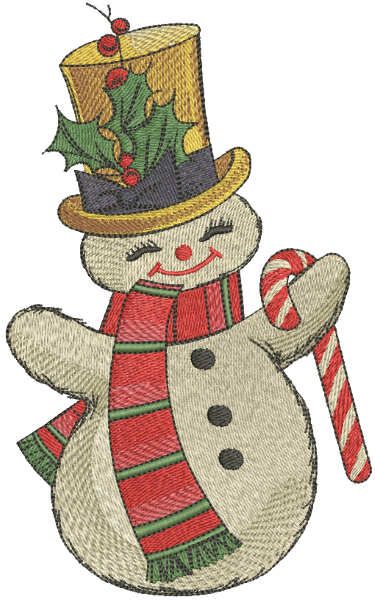 Dancing snowman candy cane embroidery design