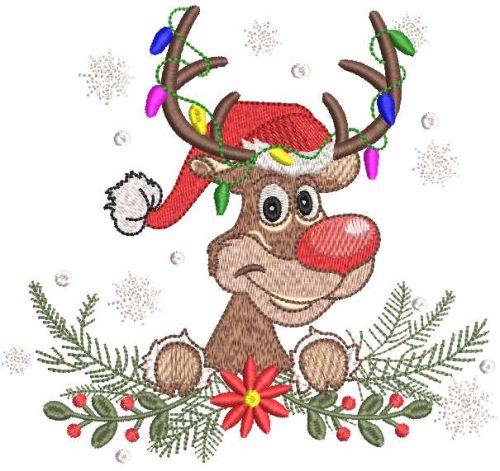 Reindeer in santa hat with spruce branch embroidery design