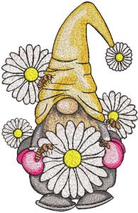 Gnome beekeeper with daisies embroidery design