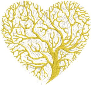 Desenho de bordado de coração de árvore dourada