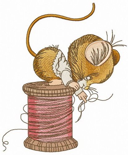 Mouse sitting on spool of threads machine embroidery design