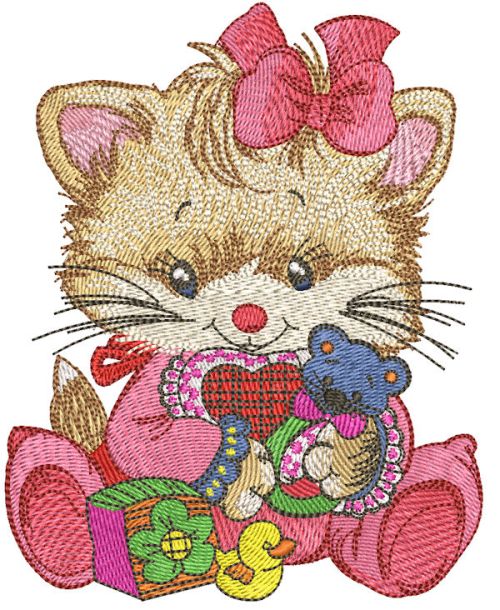 Kitten with baby rattle embroidery design
