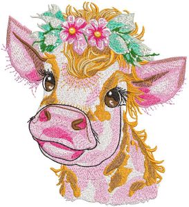 Country Love Cow Un diseño de bordado de tocado floral rústico