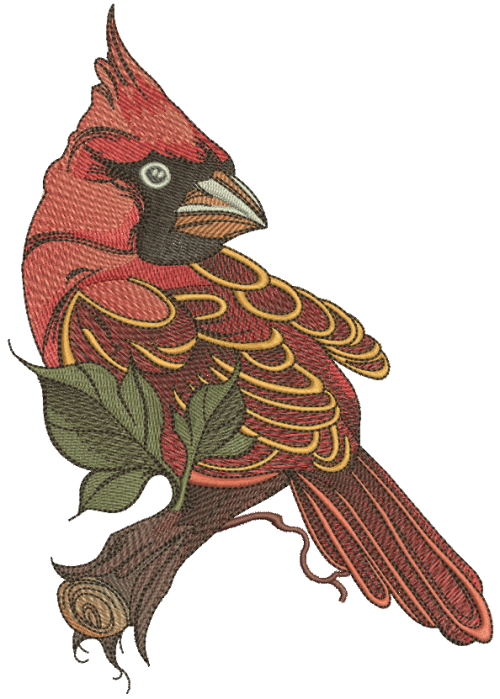 Northern cardinal sitting on tree branch machine embroidery design