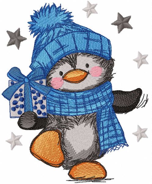 Penguin carries a gift embroidery design