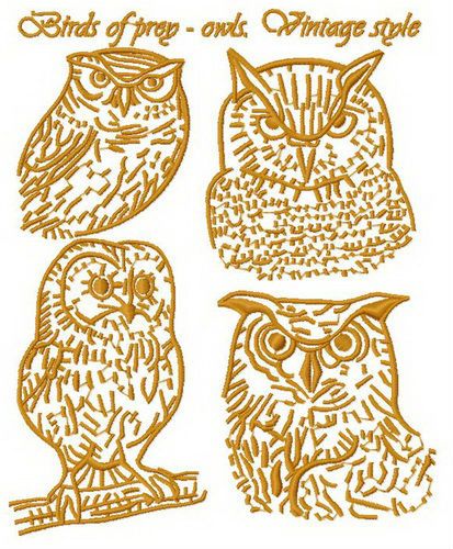 Birds of prey - owls. Vintage style 2 machine embroidery design