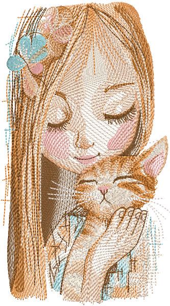 Girl and ginger cat embroidery design