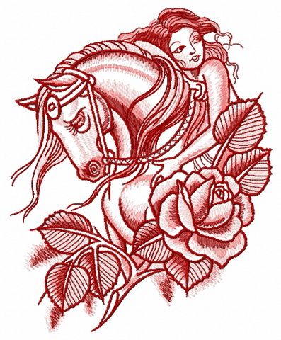 Sad horse with horsewoman machine embroidery design