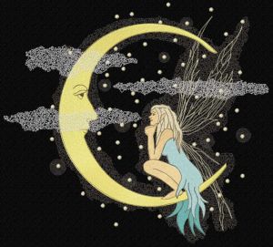 Fairy talking to crescent moon embroidery design