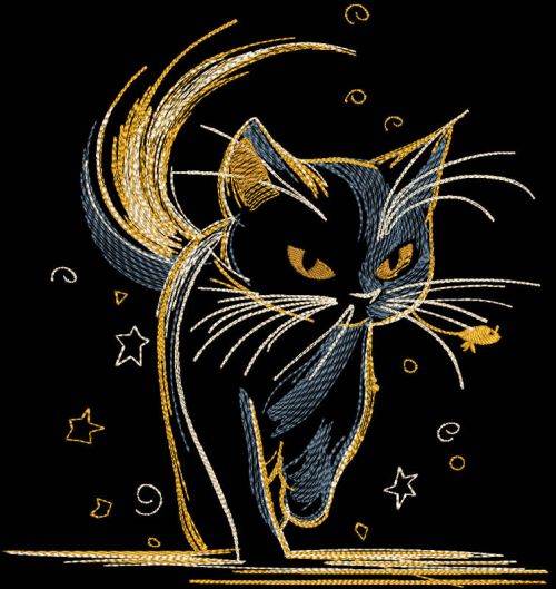 Golden kitten going to the night embroidery design
