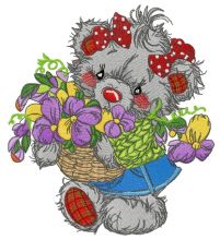 Bear collecting flowers embroidery design