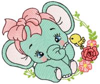 Baby elephant playing with chicken embroidery design