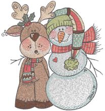 Moose and snowman in knitted scarves embroidery design
