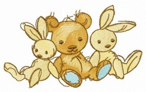 Two bunnies and teddy bear embroidery design
