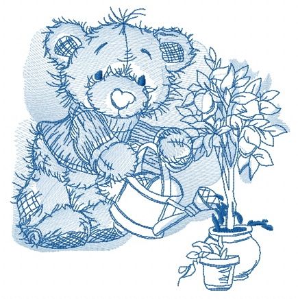 Bear watering lemon sketch machine embroidery design