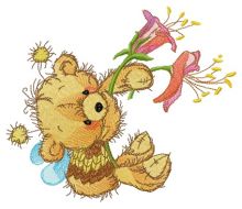 Bear in bee costume with flowers embroidery design