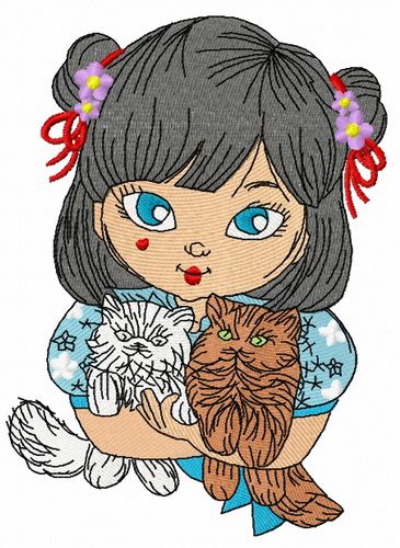 Japanese girl with cats 3 machine embroidery design