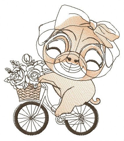 Pug-dog cycling machine embroidery design